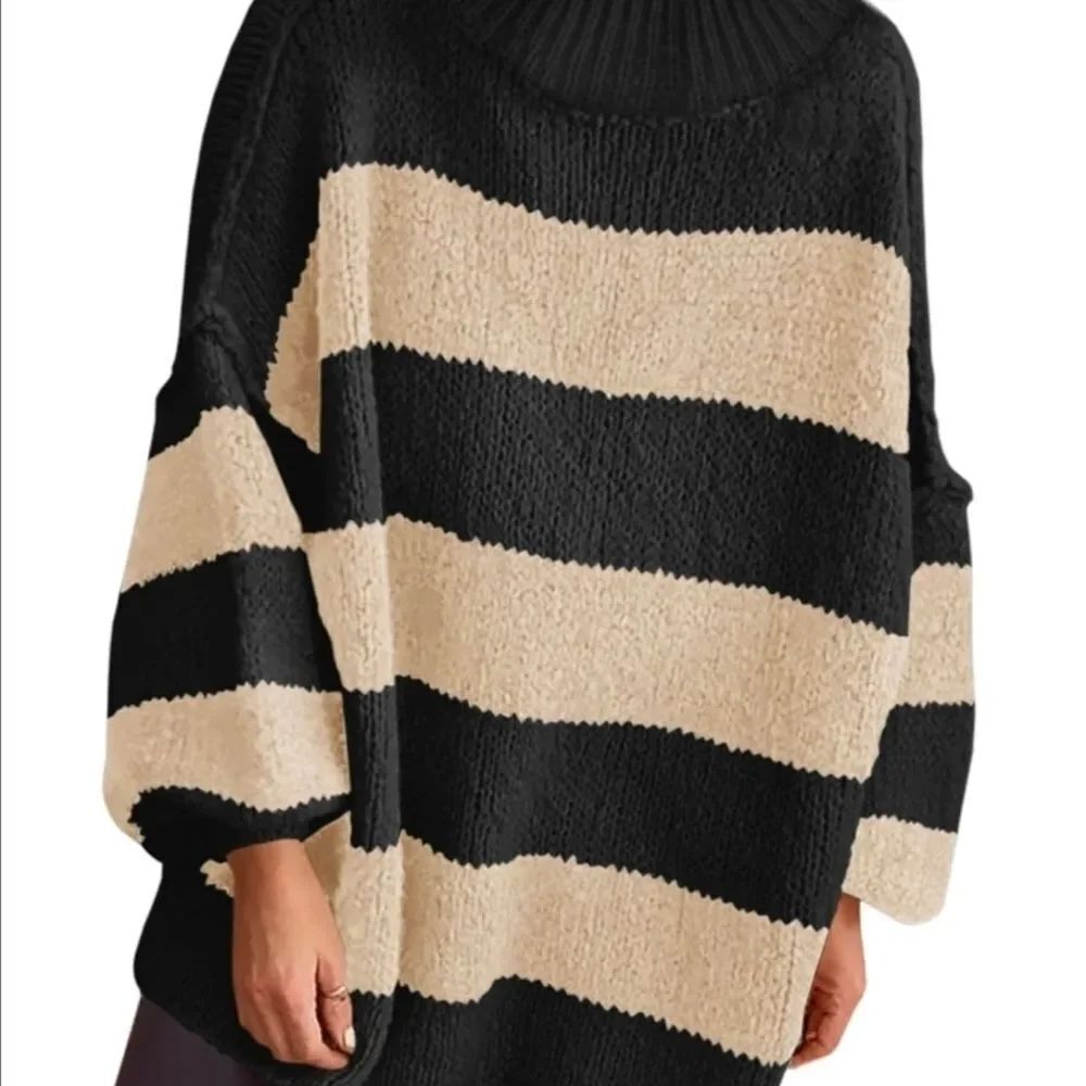 Saodimallsu Womens Oversized Mock Neck Striped Black & Cream Sweater Size Small